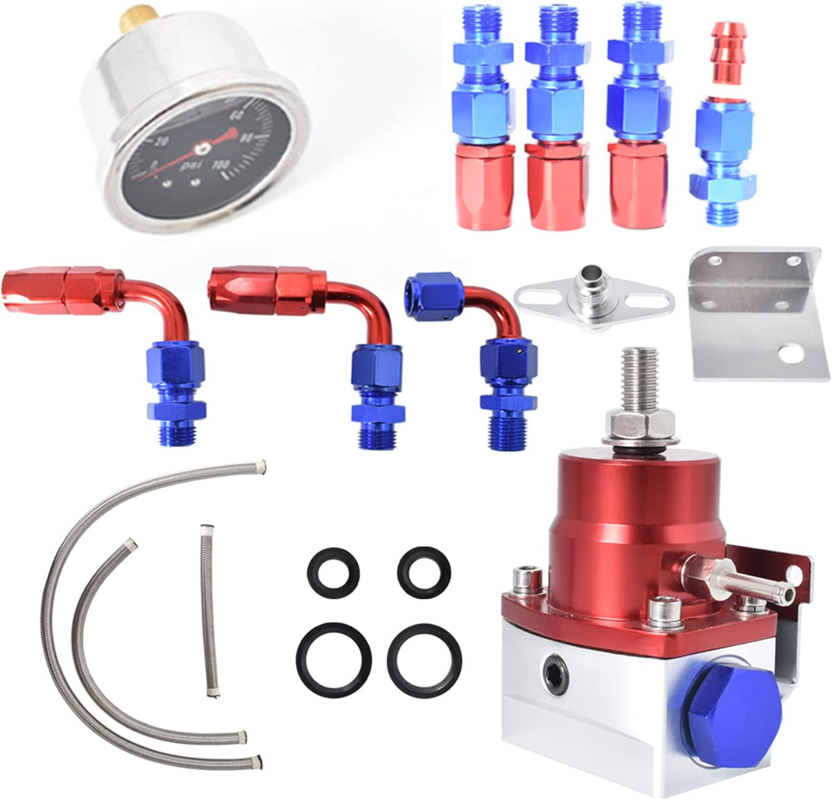 0-100 Psi Blue Red Universal Fuel Pressure Regulator Kit with Gauge and AN-6 Fuel Line Hose Pack of 2 N959