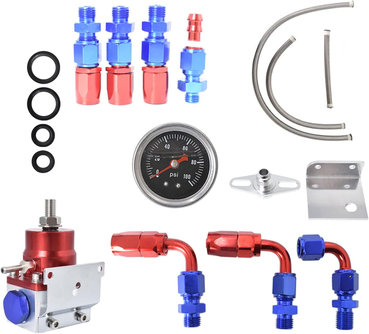 0-100 Psi Blue Red Universal Fuel Pressure Regulator Kit with Gauge and AN-6 Fuel Line Hose Pack of 2 N959